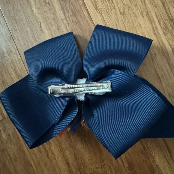 🛍️Handmade School Spirit Navy and Orange Chevron Bow - Picture 2 of 2